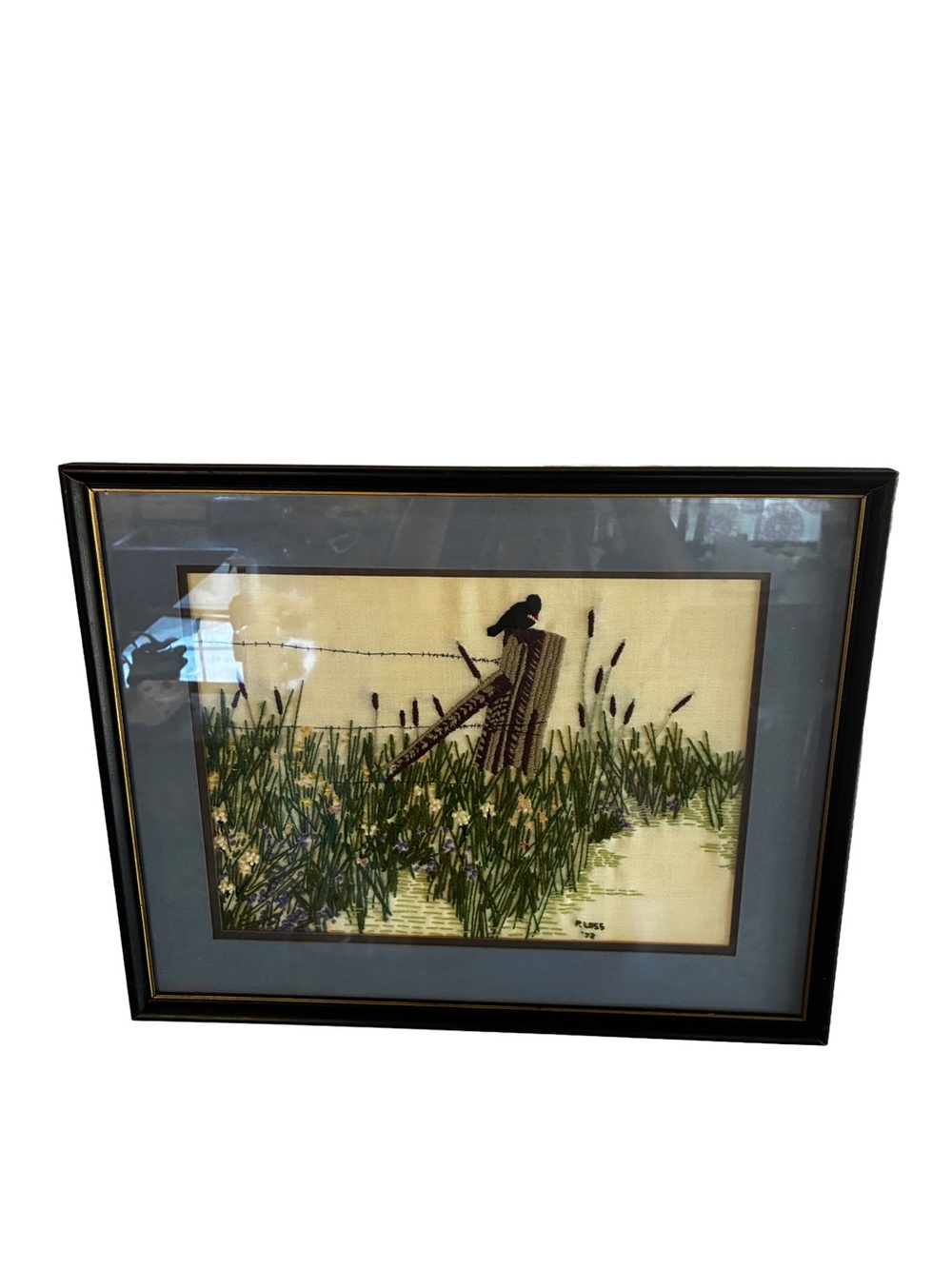 Vintage 1970s Framed Crewel Embroidery Blackbird Marsh Textile Art Signed 1972